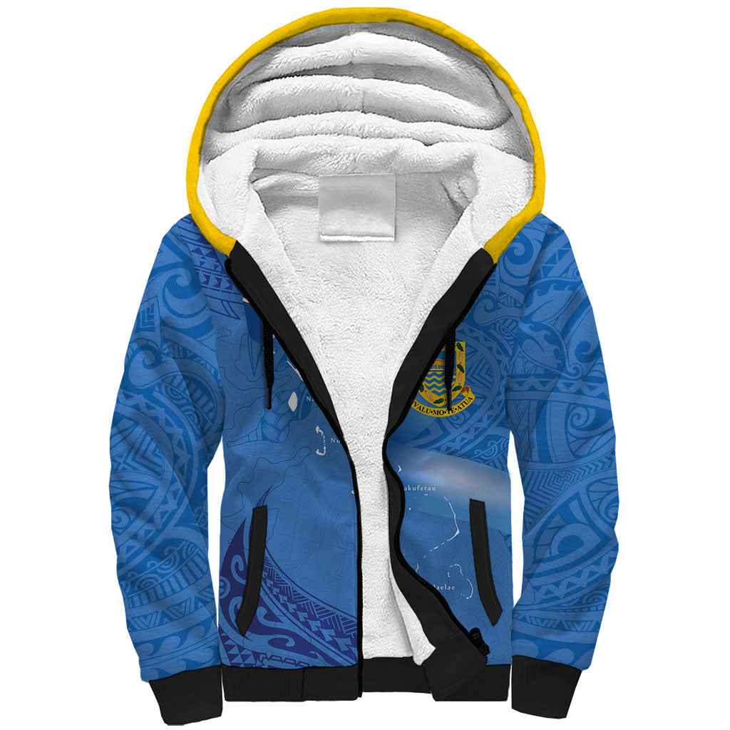 Tuvalu Heritage Sherpa Hoodie Map of the Islands and Polynesia Pattern LT03 Unisex Blue - Polynesian Pride