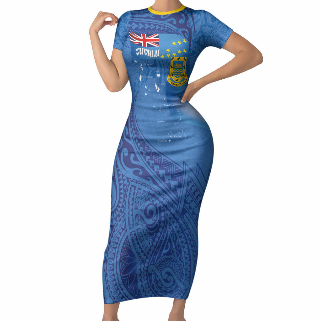 Tuvalu Heritage Short Sleeve Bodycon Dress Map of the Islands and Polynesia Pattern LT03 Long Dress Blue - Polynesian Pride