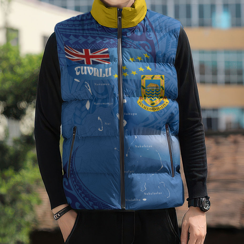 Tuvalu Heritage Sleeveless Puffer Jacket Map of the Islands and Polynesia Pattern LT03 - Polynesian Pride