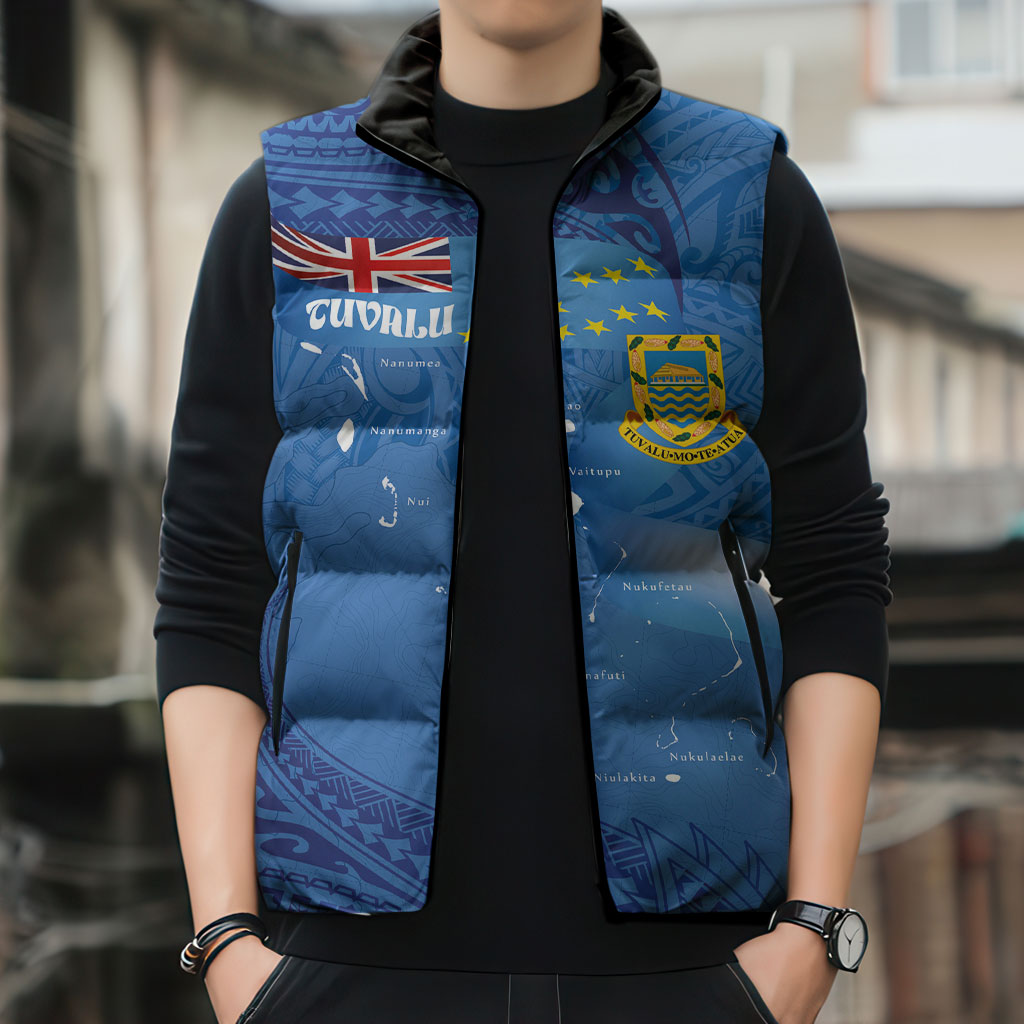 Tuvalu Heritage Sleeveless Puffer Jacket Map of the Islands and Polynesia Pattern LT03 - Polynesian Pride