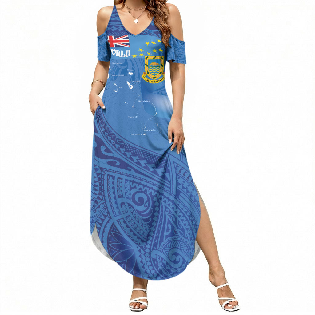 Tuvalu Heritage Summer Maxi Dress Map of the Islands and Polynesia Pattern LT03 Women Blue - Polynesian Pride