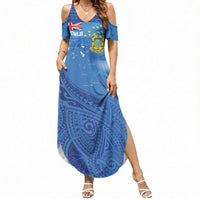 Tuvalu Heritage Summer Maxi Dress Map of the Islands and Polynesia Pattern LT03 Women Blue - Polynesian Pride