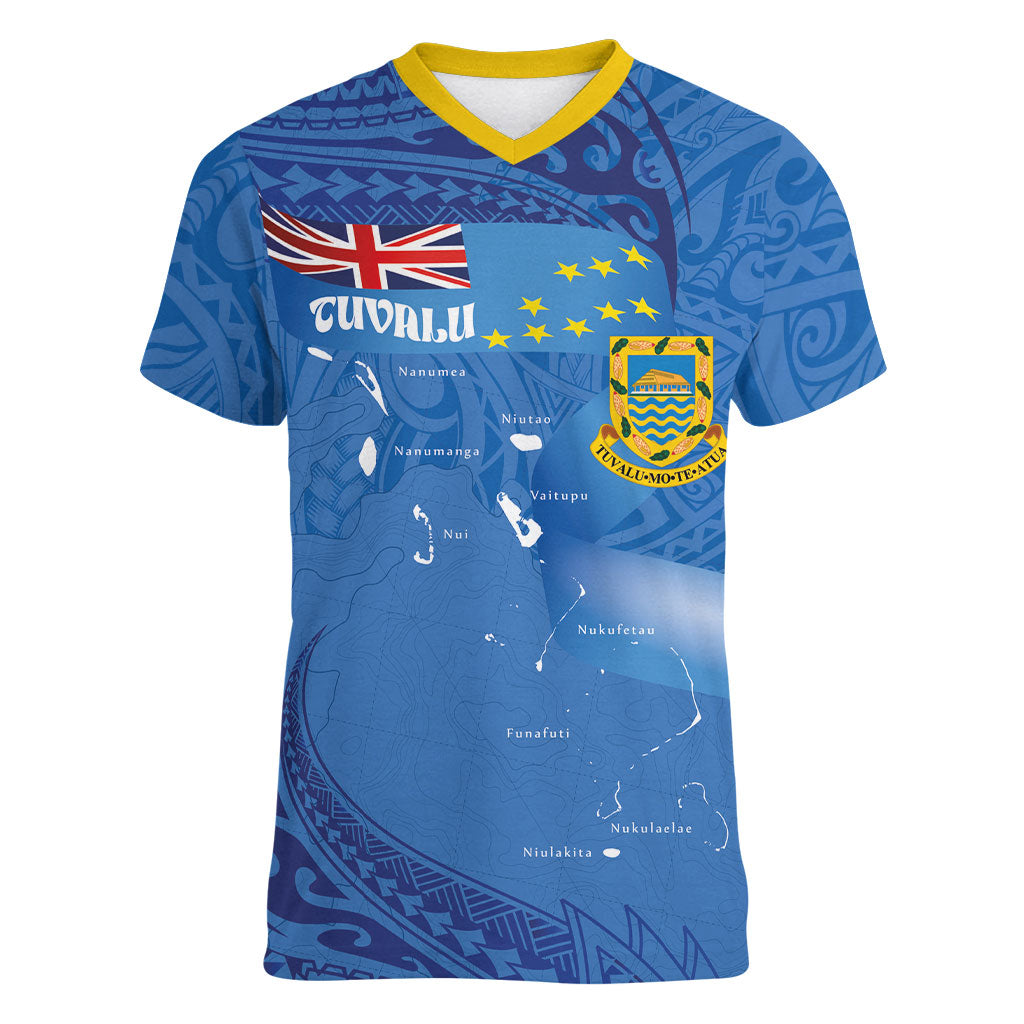 Tuvalu Heritage Women V-Neck T-Shirt Map of the Islands and Polynesia Pattern LT03 Female Blue - Polynesian Pride