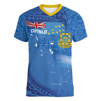 Tuvalu Heritage Women V-Neck T-Shirt Map of the Islands and Polynesia Pattern LT03 Female Blue - Polynesian Pride