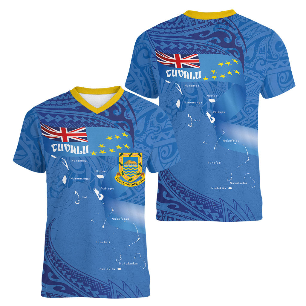 Tuvalu Heritage Women V-Neck T-Shirt Map of the Islands and Polynesia Pattern LT03 - Polynesian Pride