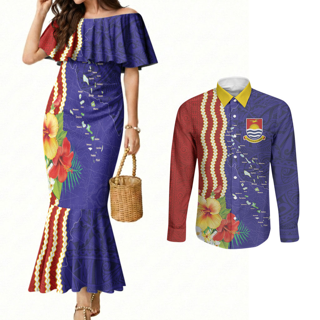 Kiribati Heritage Couples Matching Mermaid Dress and Long Sleeve Button Shirt Map of the Islands and Polynesia Pattern LT03 Multicolor - Polynesian Pride