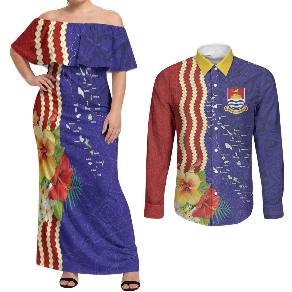 Kiribati Heritage Couples Matching Off Shoulder Maxi Dress and Long Sleeve Button Shirt Map of the Islands and Polynesia Pattern LT03 Multicolor - Polynesian Pride