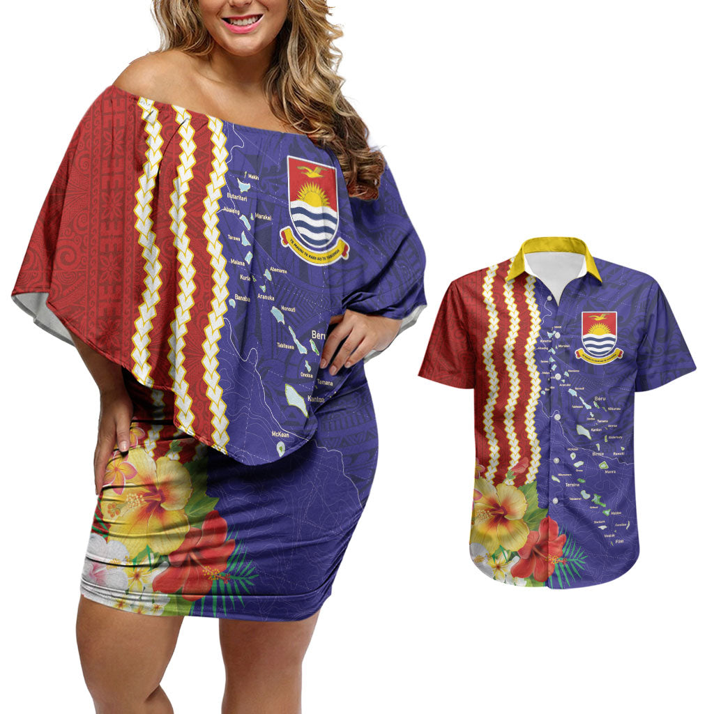 Kiribati Heritage Couples Matching Off Shoulder Short Dress and Hawaiian Shirt Map of the Islands and Polynesia Pattern LT03 Multicolor - Polynesian Pride