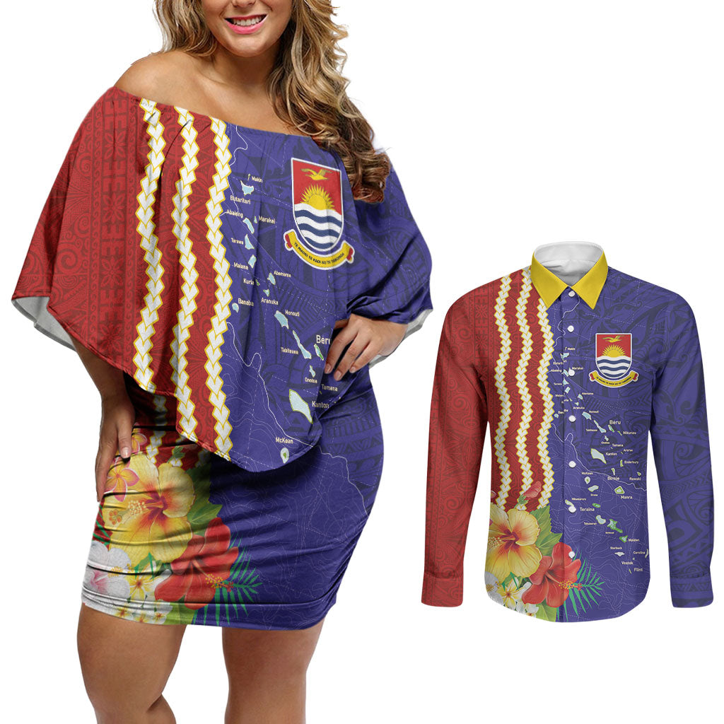 Kiribati Heritage Couples Matching Off Shoulder Short Dress and Long Sleeve Button Shirt Map of the Islands and Polynesia Pattern LT03 Multicolor - Polynesian Pride