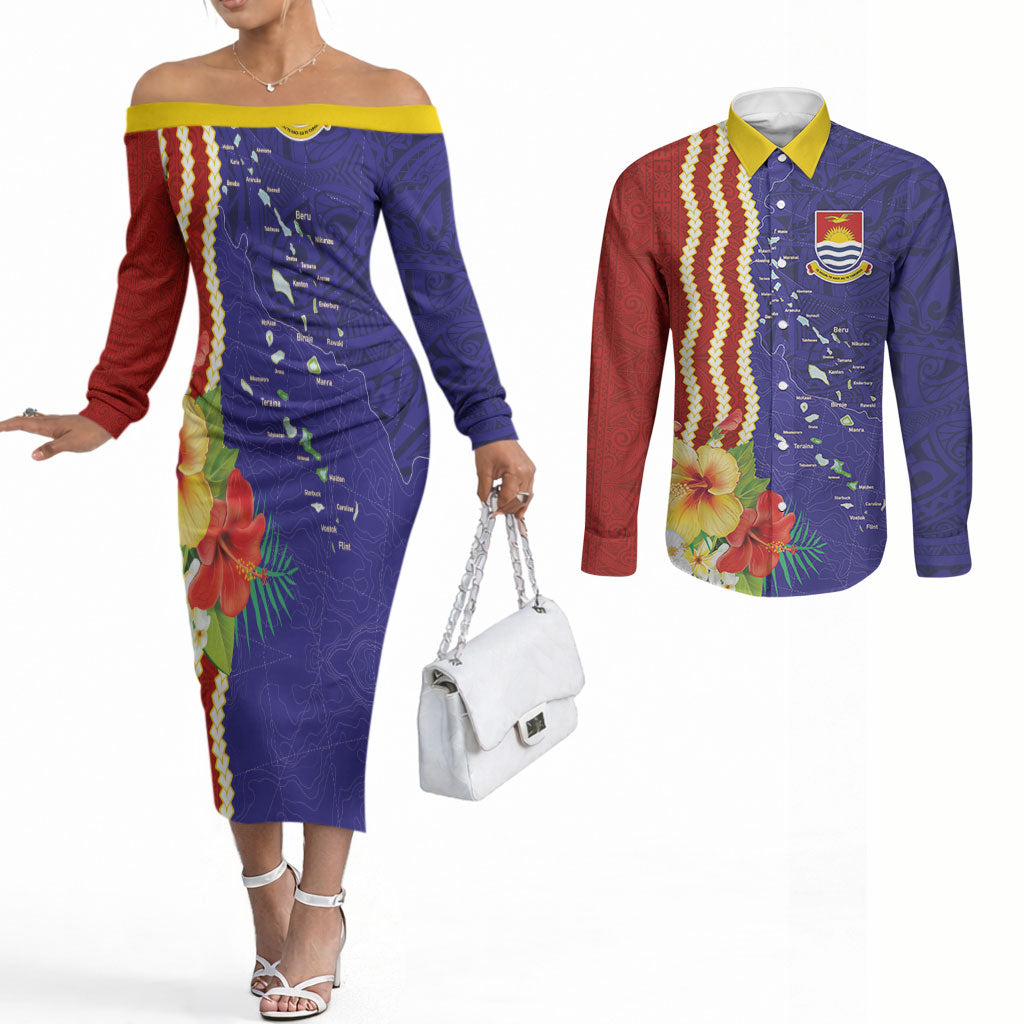 Kiribati Heritage Couples Matching Off The Shoulder Long Sleeve Dress and Long Sleeve Button Shirt Map of the Islands and Polynesia Pattern LT03 Multicolor - Polynesian Pride