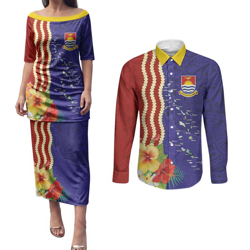 Kiribati Heritage Couples Matching Puletasi and Long Sleeve Button Shirt Map of the Islands and Polynesia Pattern LT03 Multicolor - Polynesian Pride
