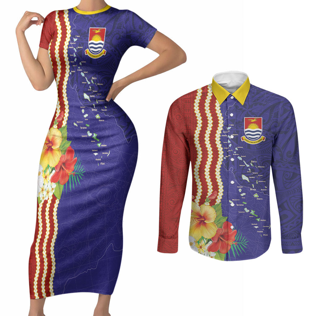 Kiribati Heritage Couples Matching Short Sleeve Bodycon Dress and Long Sleeve Button Shirt Map of the Islands and Polynesia Pattern LT03 Multicolor - Polynesian Pride