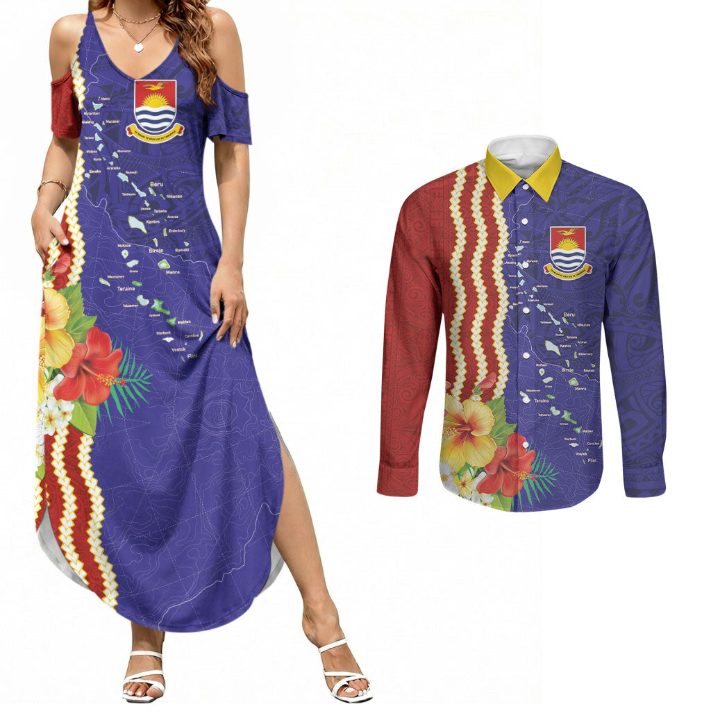 Kiribati Heritage Couples Matching Summer Maxi Dress and Long Sleeve Button Shirt Map of the Islands and Polynesia Pattern LT03 Multicolor - Polynesian Pride