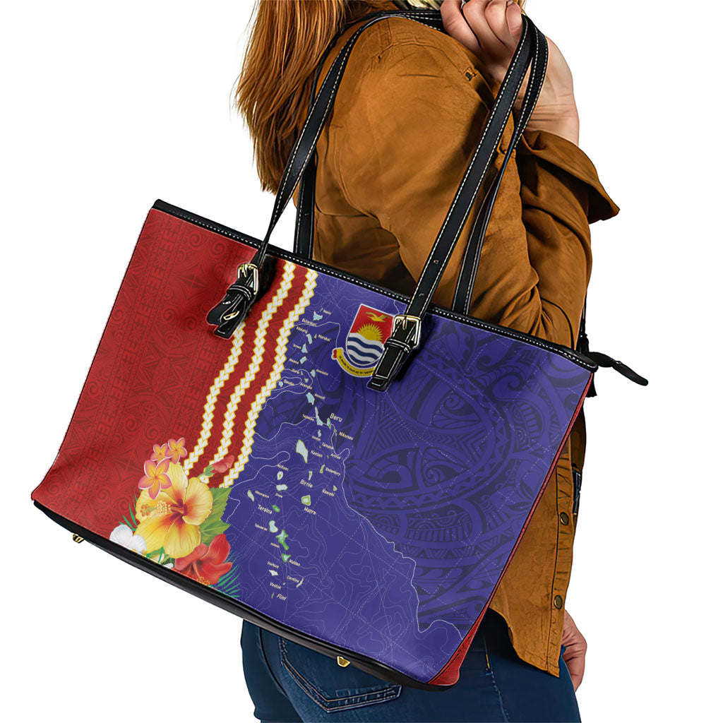 Kiribati Heritage Leather Tote Bag Map of the Islands and Polynesia Pattern LT03 - Polynesian Pride