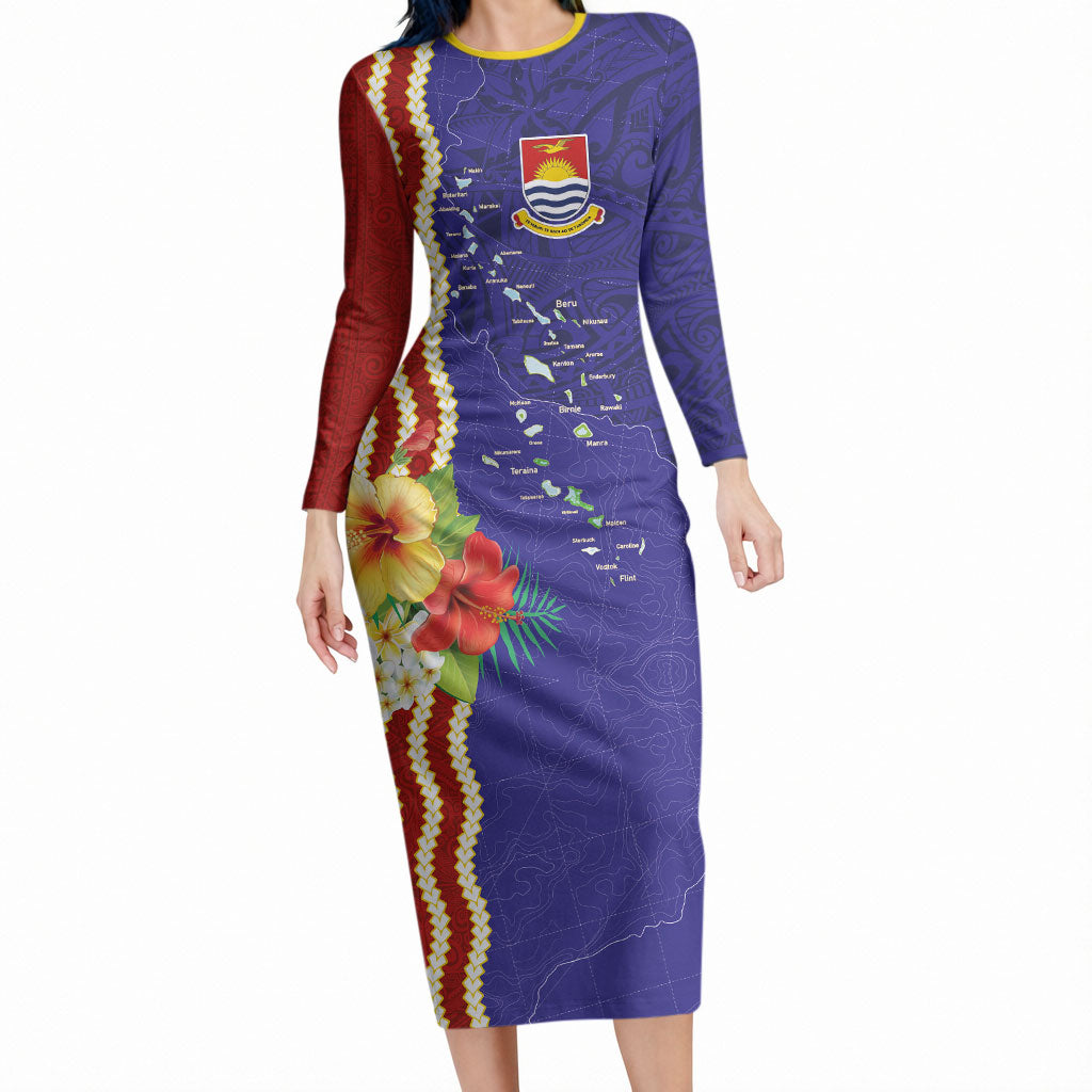 Kiribati Heritage Long Sleeve Bodycon Dress Map of the Islands and Polynesia Pattern LT03 Long Dress Multicolor - Polynesian Pride