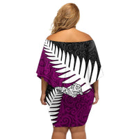 Aotearoa New Zealand Off Shoulder Short Dress Silver Fern Kiwi Bird and NZ Map with Maori Tribal Pink Style LT03 - Polynesian Pride
