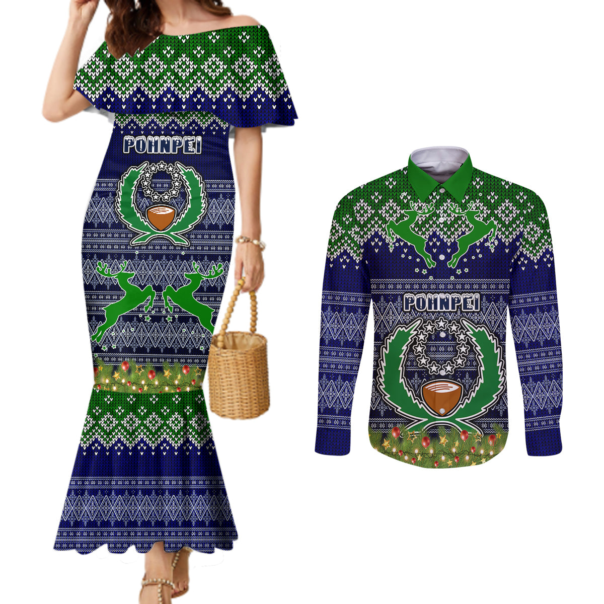 pohnpei-state-christmas-couples-matching-mermaid-dress-and-long-sleeve-button-shirts-coat-of-arms-beautiful-merry-xmas-snowflake