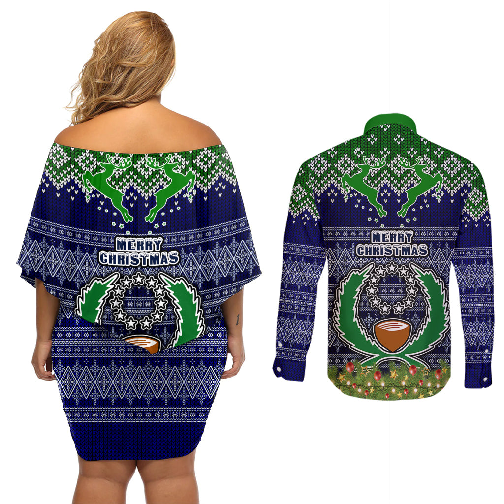pohnpei-state-christmas-couples-matching-off-shoulder-short-dress-and-long-sleeve-button-shirts-coat-of-arms-beautiful-merry-xmas-snowflake