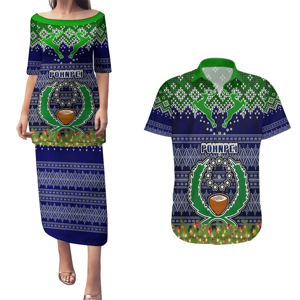 pohnpei-state-christmas-couples-matching-puletasi-dress-and-hawaiian-shirt-coat-of-arms-beautiful-merry-xmas-snowflake