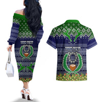 Personalised Pohnpei State Christmas Couples Matching Off The Shoulder Long Sleeve Dress and Hawaiian Shirt Coat of Arms Beautiful Merry Xmas Snowflake LT03 - Polynesian Pride
