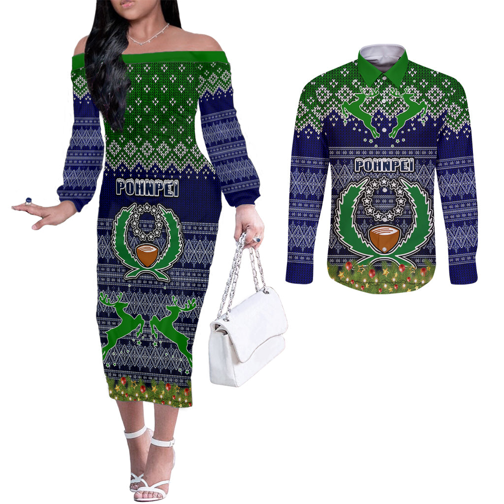 personalised-pohnpei-state-christmas-couples-matching-off-the-shoulder-long-sleeve-dress-and-long-sleeve-button-shirts-coat-of-arms-beautiful-merry-xmas-snowflake