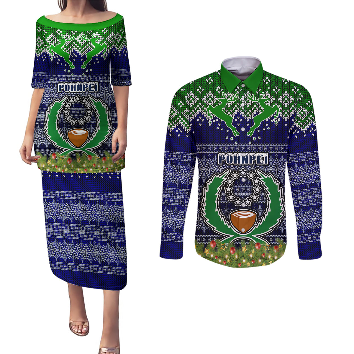 personalised-pohnpei-state-christmas-couples-matching-puletasi-dress-and-long-sleeve-button-shirts-coat-of-arms-beautiful-merry-xmas-snowflake