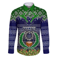 Personalised Pohnpei State Christmas Family Matching Long Sleeve Bodycon Dress and Hawaiian Shirt Coat of Arms Beautiful Merry Xmas Snowflake LT03 Dad's Shirt - Long Sleeve Blue - Polynesian Pride