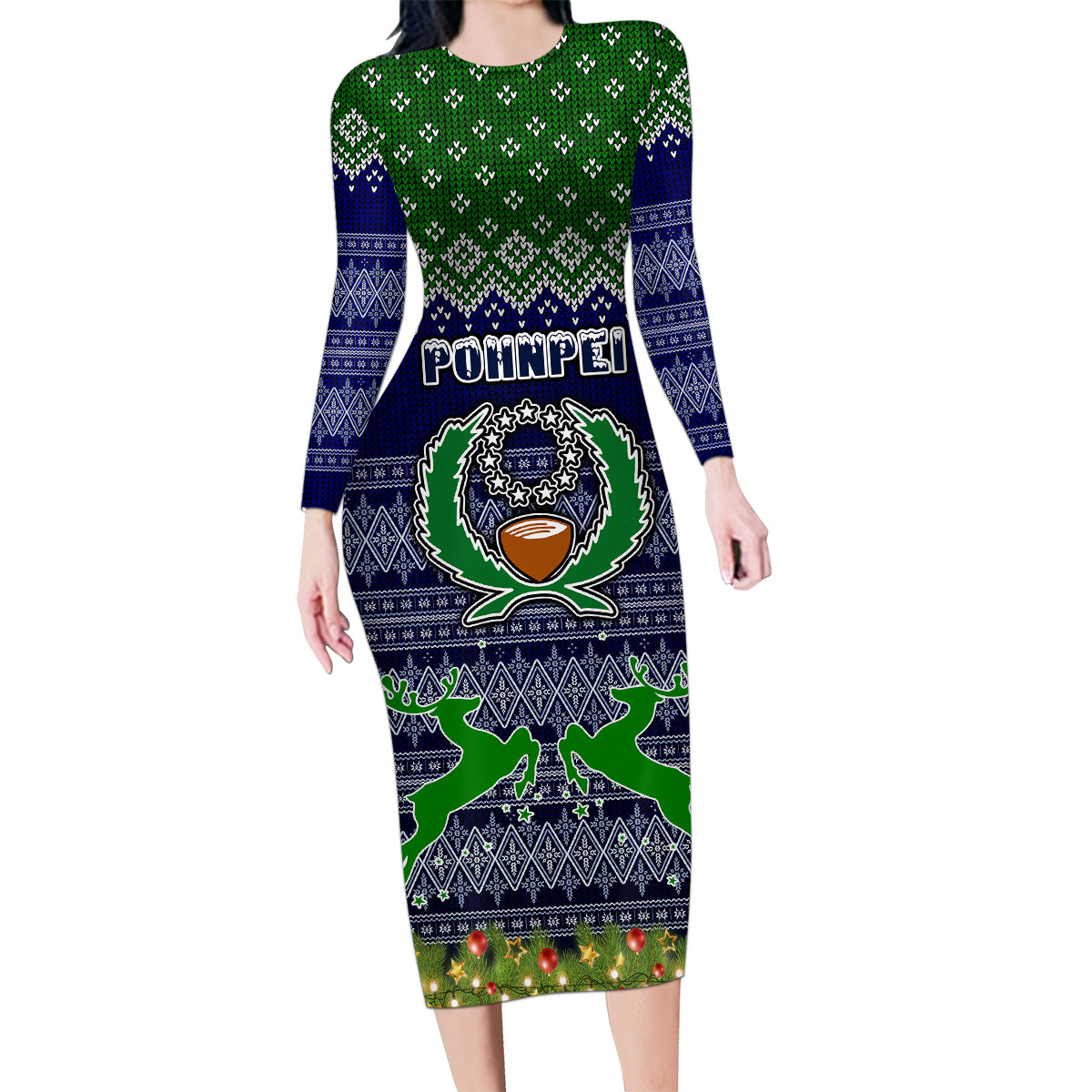 Personalised Pohnpei State Christmas Family Matching Long Sleeve Bodycon Dress and Hawaiian Shirt Coat of Arms Beautiful Merry Xmas Snowflake LT03 Mom's Dress Blue - Polynesian Pride