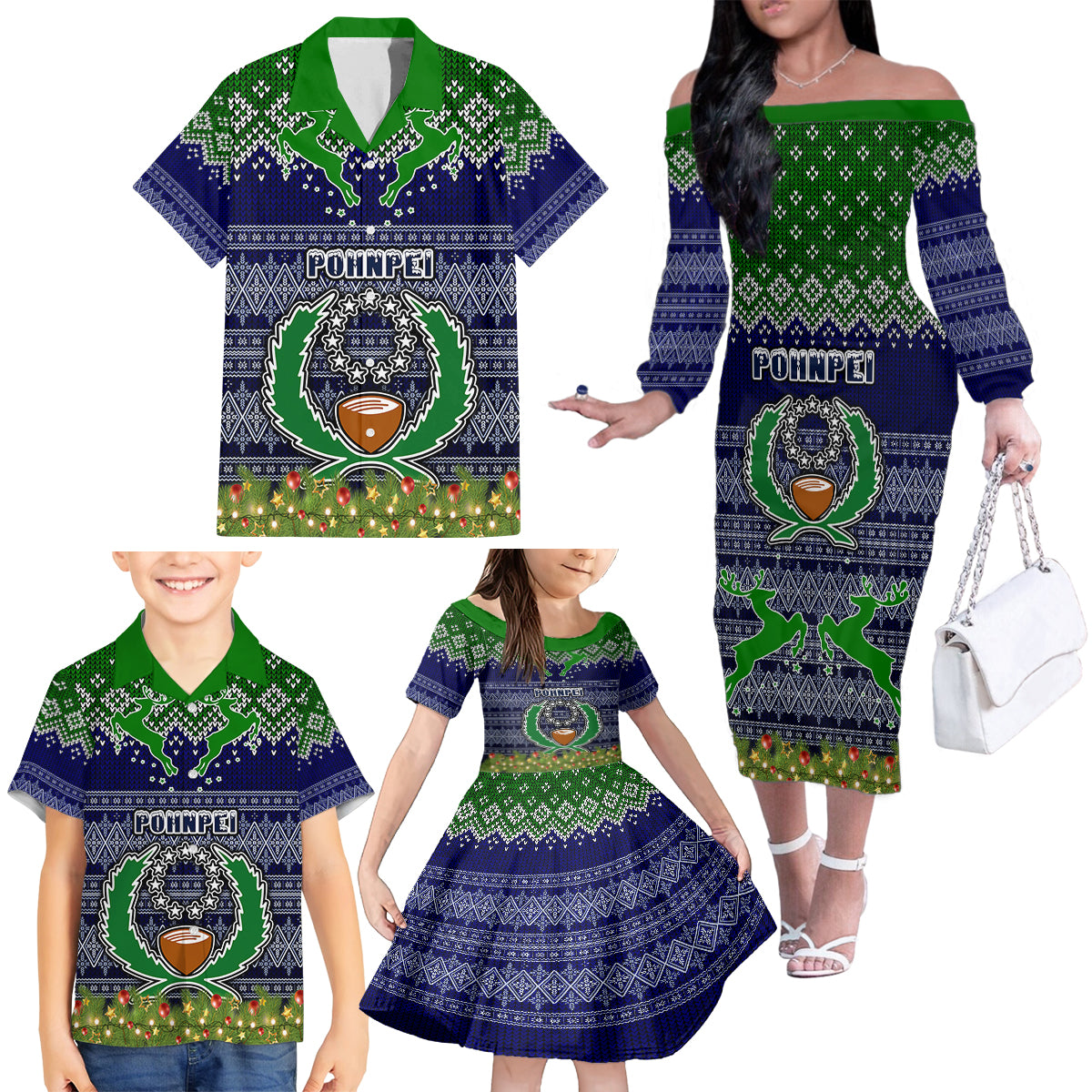 Personalised Pohnpei State Christmas Family Matching Off Shoulder Long Sleeve Dress and Hawaiian Shirt Coat of Arms Beautiful Merry Xmas Snowflake LT03 - Polynesian Pride