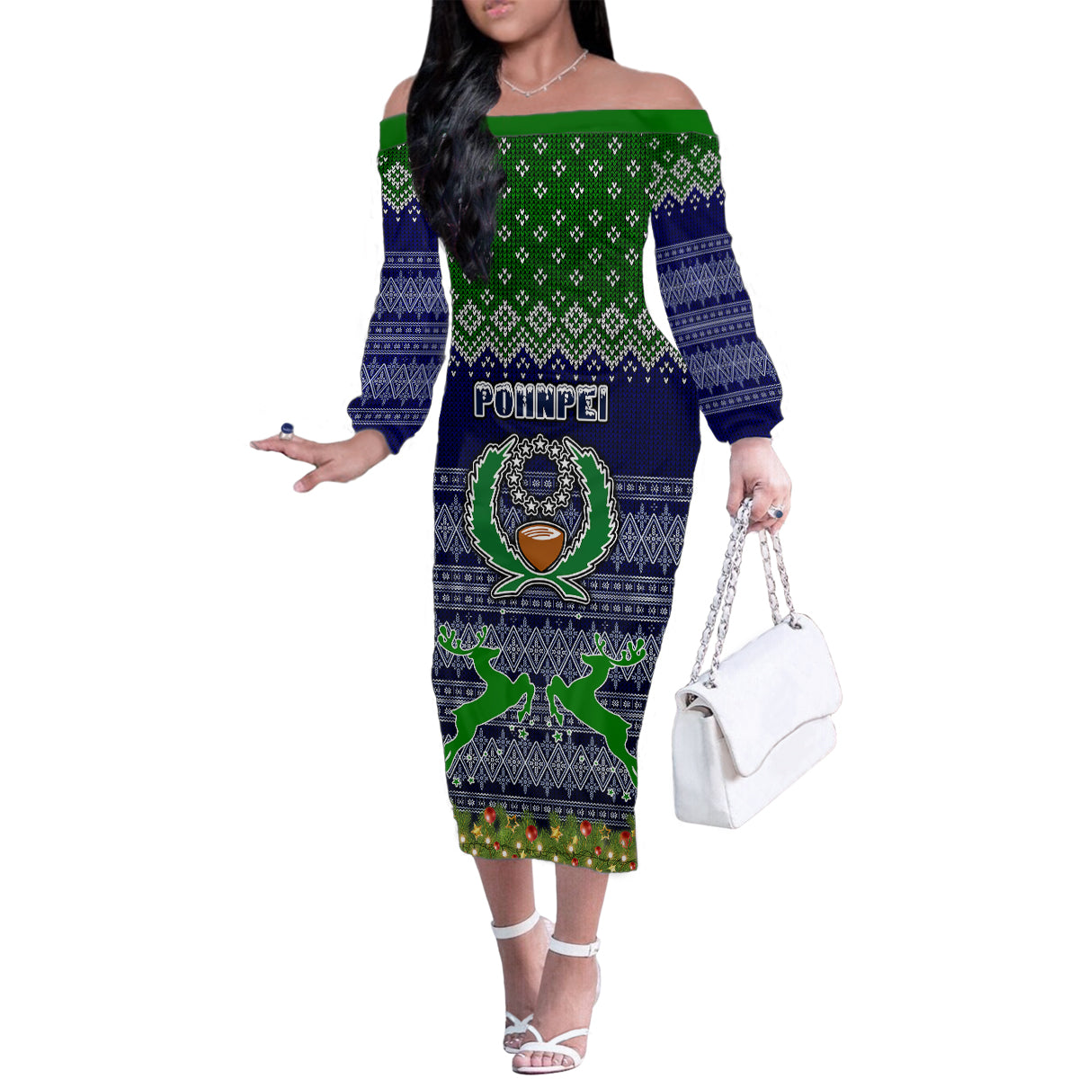 Personalised Pohnpei State Christmas Family Matching Off Shoulder Long Sleeve Dress and Hawaiian Shirt Coat of Arms Beautiful Merry Xmas Snowflake LT03 Mom's Dress Blue - Polynesian Pride