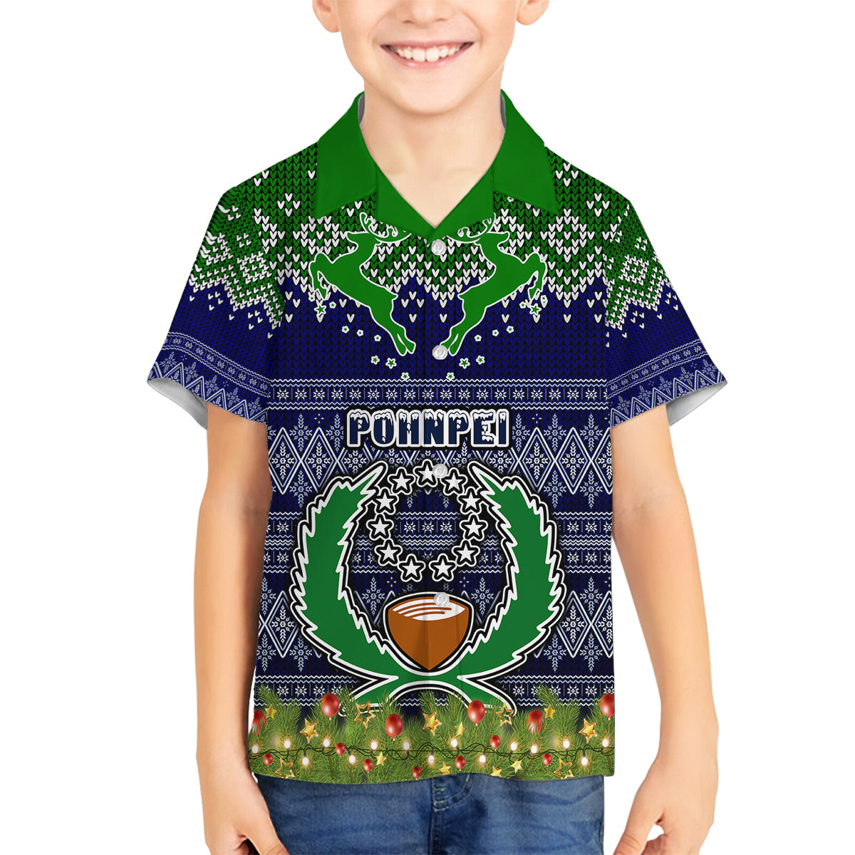 Personalised Pohnpei State Christmas Family Matching Off Shoulder Long Sleeve Dress and Hawaiian Shirt Coat of Arms Beautiful Merry Xmas Snowflake LT03 Son's Shirt Blue - Polynesian Pride