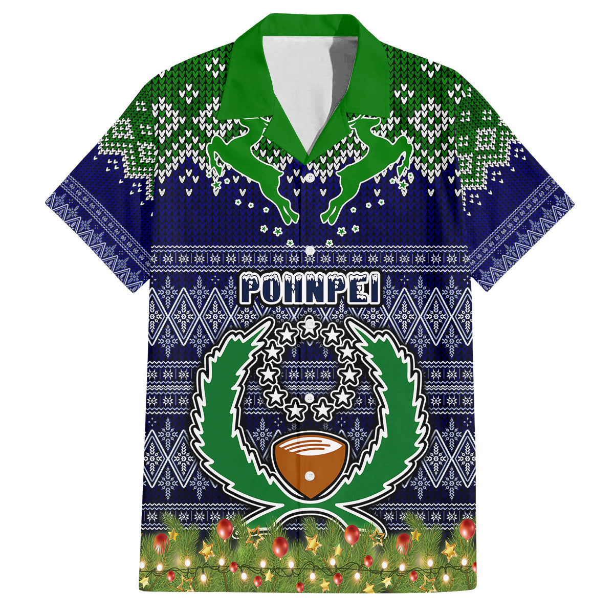 Personalised Pohnpei State Christmas Family Matching Off Shoulder Short Dress and Hawaiian Shirt Coat of Arms Beautiful Merry Xmas Snowflake LT03 Dad's Shirt - Short Sleeve Blue - Polynesian Pride