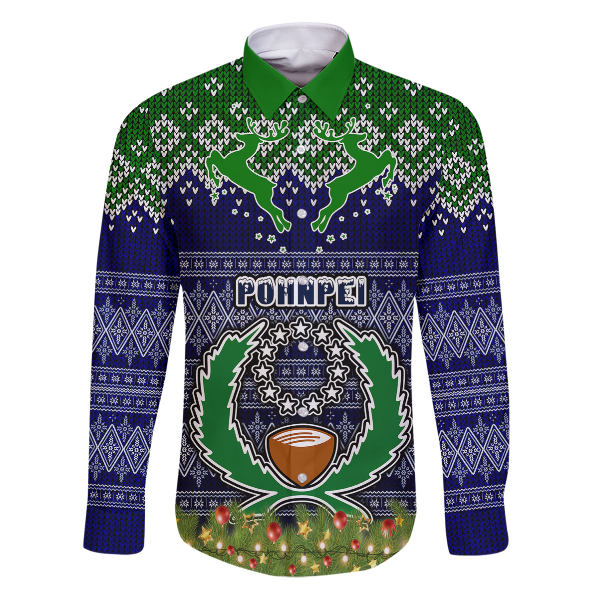 Personalised Pohnpei State Christmas Family Matching Short Sleeve Bodycon Dress and Hawaiian Shirt Coat of Arms Beautiful Merry Xmas Snowflake LT03 Dad's Shirt - Long Sleeve Blue - Polynesian Pride