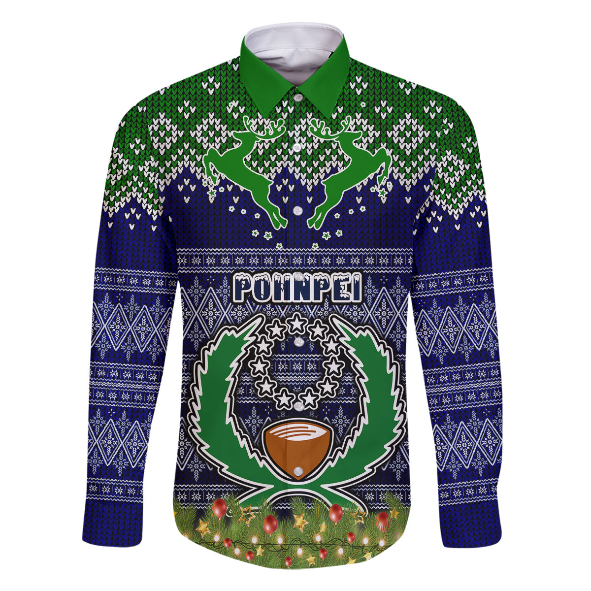 Personalised Pohnpei State Christmas Family Matching Summer Maxi Dress and Hawaiian Shirt Coat of Arms Beautiful Merry Xmas Snowflake LT03 Dad's Shirt - Long Sleeve Blue - Polynesian Pride