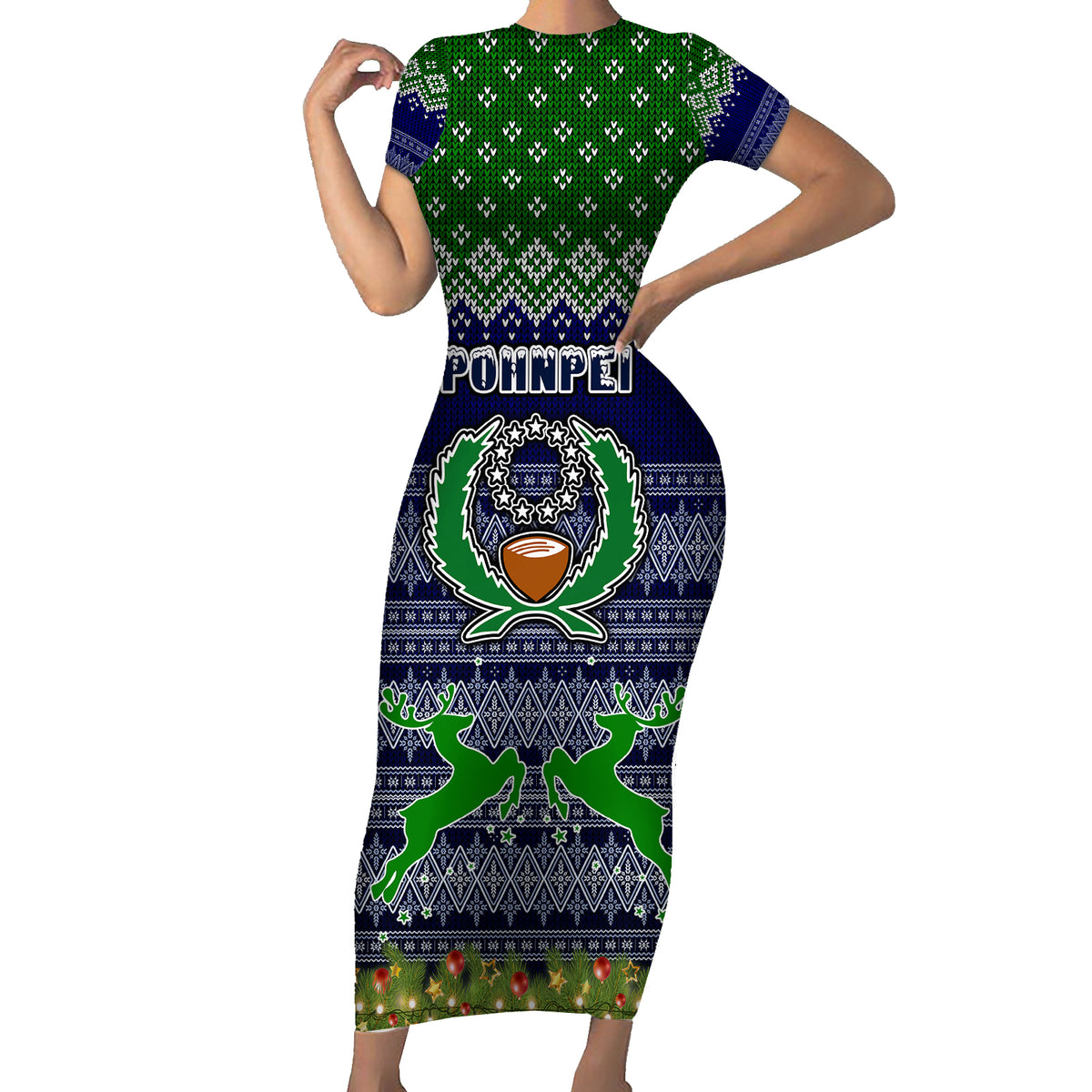 Personalised Pohnpei State Christmas Short Sleeve Bodycon Dress Coat of Arms Beautiful Merry Xmas Snowflake LT03 Long Dress Blue - Polynesian Pride