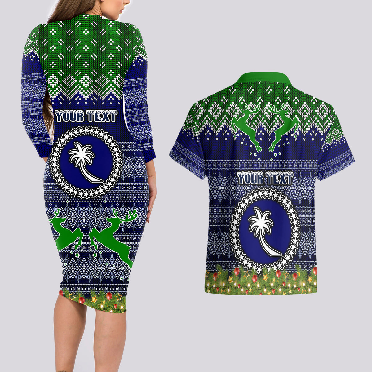 Personalised Chuuk State Christmas Couples Matching Long Sleeve Bodycon Dress and Hawaiian Shirt Coat of Arms Beautiful Merry Xmas Snowflake LT03 - Polynesian Pride