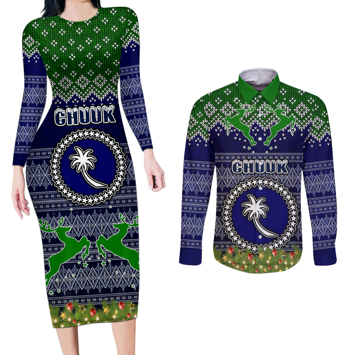 Personalised Chuuk State Christmas Couples Matching Long Sleeve Bodycon Dress and Long Sleeve Button Shirts Coat of Arms Beautiful Merry Xmas Snowflake LT03 Blue - Polynesian Pride
