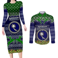 Personalised Chuuk State Christmas Couples Matching Long Sleeve Bodycon Dress and Long Sleeve Button Shirts Coat of Arms Beautiful Merry Xmas Snowflake LT03 Blue - Polynesian Pride