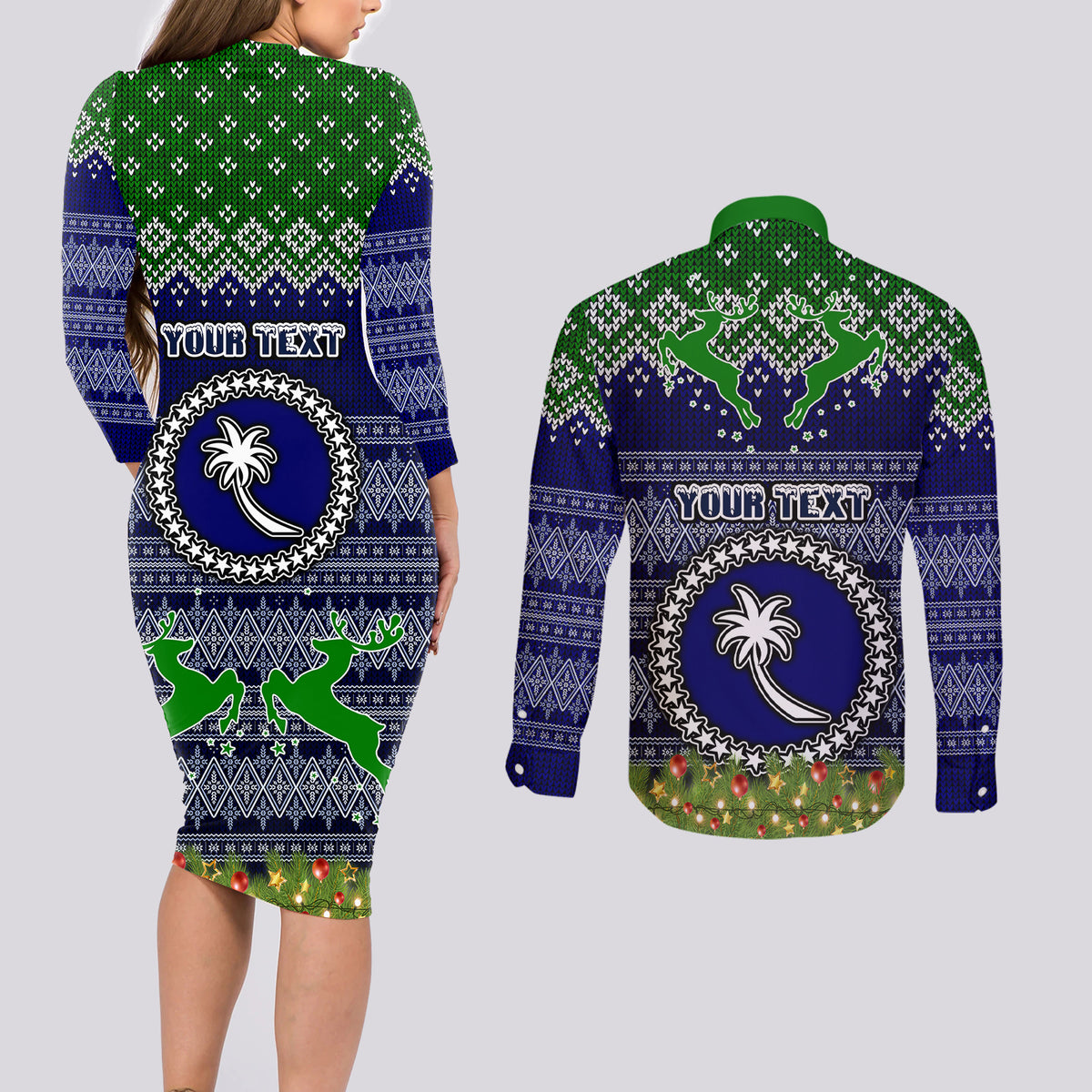Personalised Chuuk State Christmas Couples Matching Long Sleeve Bodycon Dress and Long Sleeve Button Shirts Coat of Arms Beautiful Merry Xmas Snowflake LT03 - Polynesian Pride