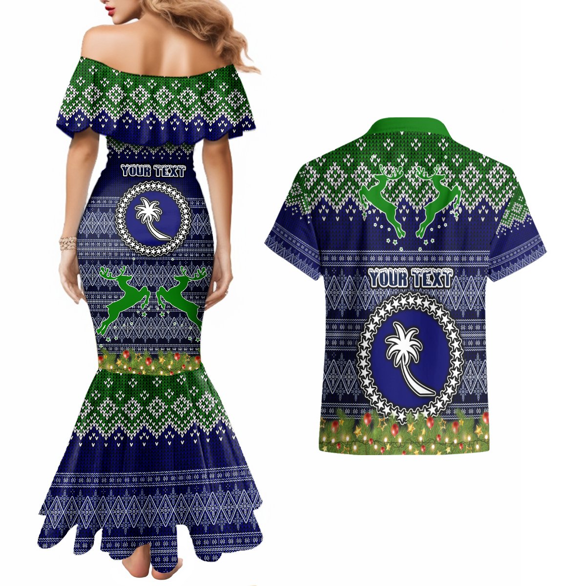 Personalised Chuuk State Christmas Couples Matching Mermaid Dress and Hawaiian Shirt Coat of Arms Beautiful Merry Xmas Snowflake LT03 - Polynesian Pride
