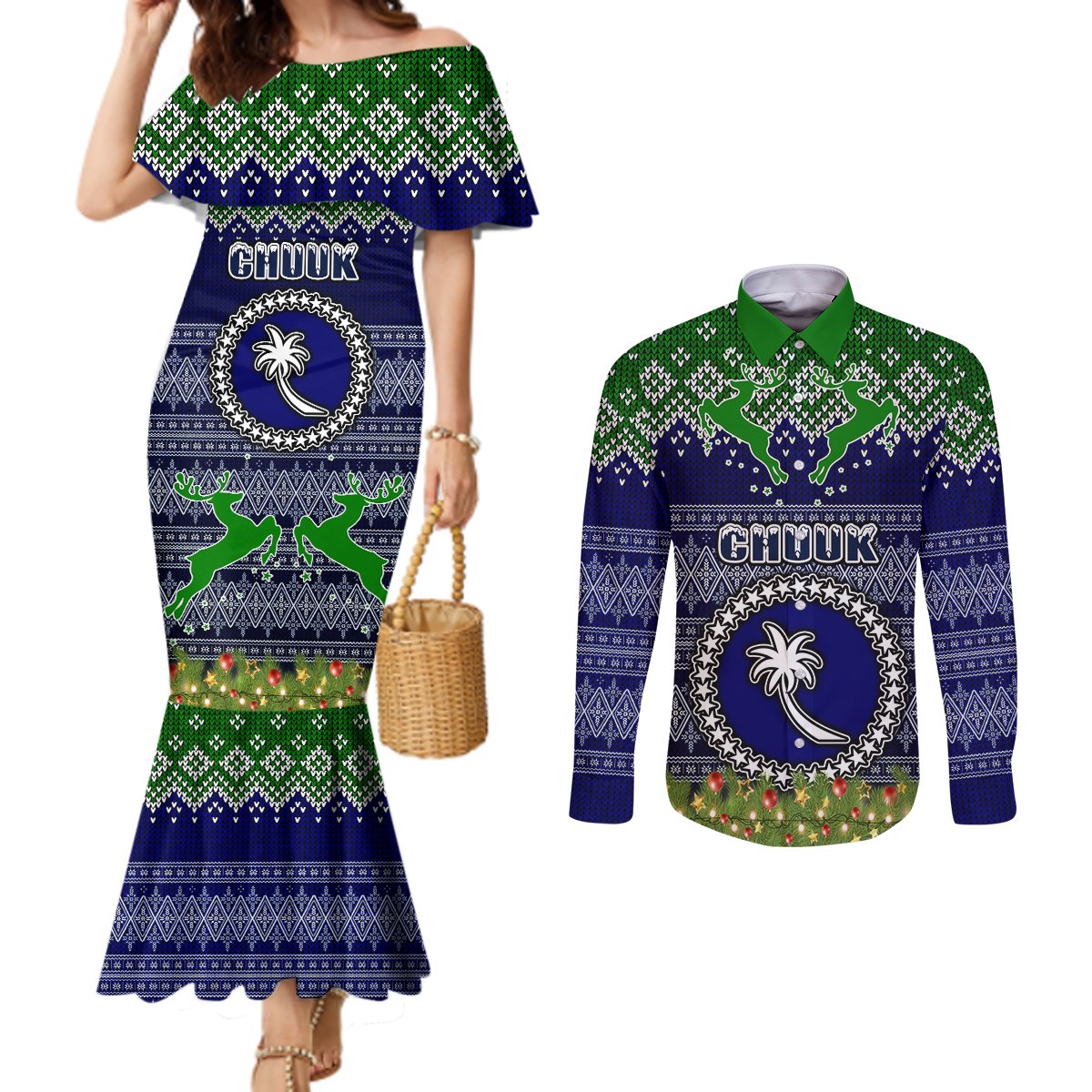 personalised-chuuk-state-christmas-couples-matching-mermaid-dress-and-long-sleeve-button-shirts-coat-of-arms-beautiful-merry-xmas-snowflake