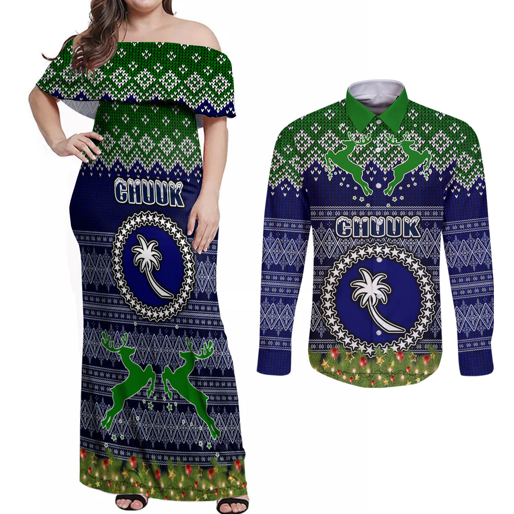 Personalised Chuuk State Christmas Couples Matching Off Shoulder Maxi Dress and Long Sleeve Button Shirts Coat of Arms Beautiful Merry Xmas Snowflake LT03 Blue - Polynesian Pride