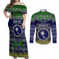 Personalised Chuuk State Christmas Couples Matching Off Shoulder Maxi Dress and Long Sleeve Button Shirts Coat of Arms Beautiful Merry Xmas Snowflake LT03 Blue - Polynesian Pride