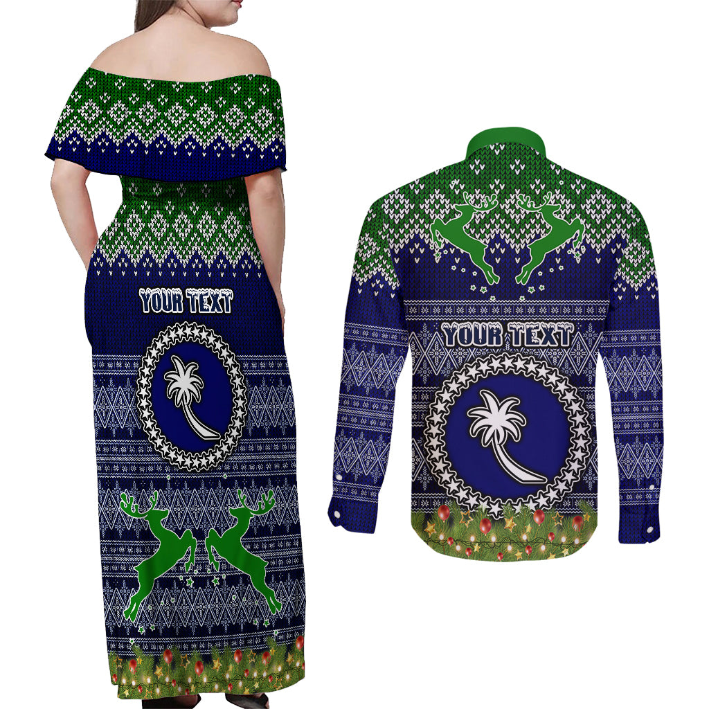 Personalised Chuuk State Christmas Couples Matching Off Shoulder Maxi Dress and Long Sleeve Button Shirts Coat of Arms Beautiful Merry Xmas Snowflake LT03 - Polynesian Pride