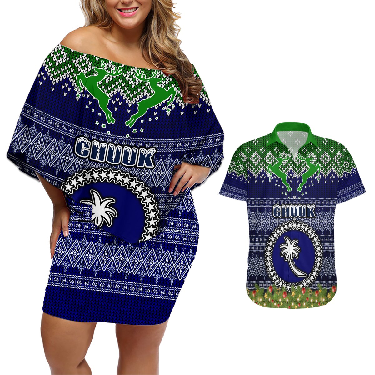 Personalised Chuuk State Christmas Couples Matching Off Shoulder Short Dress and Hawaiian Shirt Coat of Arms Beautiful Merry Xmas Snowflake LT03 Blue - Polynesian Pride