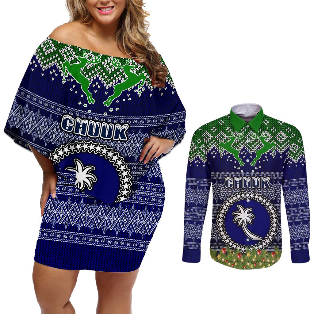 personalised-chuuk-state-christmas-couples-matching-off-shoulder-short-dress-and-long-sleeve-button-shirts-coat-of-arms-beautiful-merry-xmas-snowflake