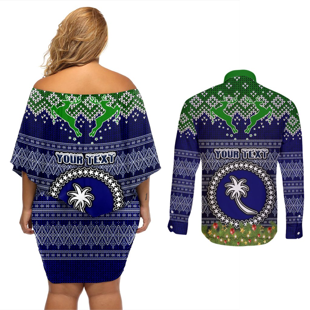 Personalised Chuuk State Christmas Couples Matching Off Shoulder Short Dress and Long Sleeve Button Shirts Coat of Arms Beautiful Merry Xmas Snowflake LT03 - Polynesian Pride