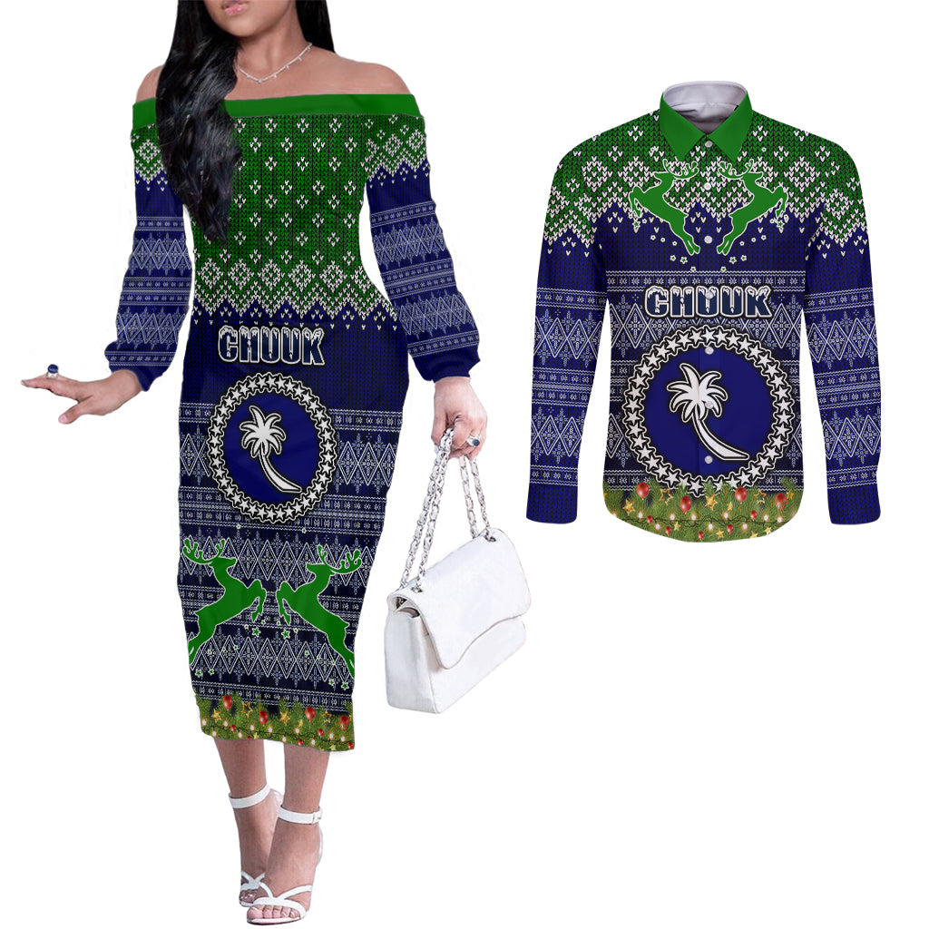 Personalised Chuuk State Christmas Couples Matching Off The Shoulder Long Sleeve Dress and Long Sleeve Button Shirts Coat of Arms Beautiful Merry Xmas Snowflake LT03 Blue - Polynesian Pride