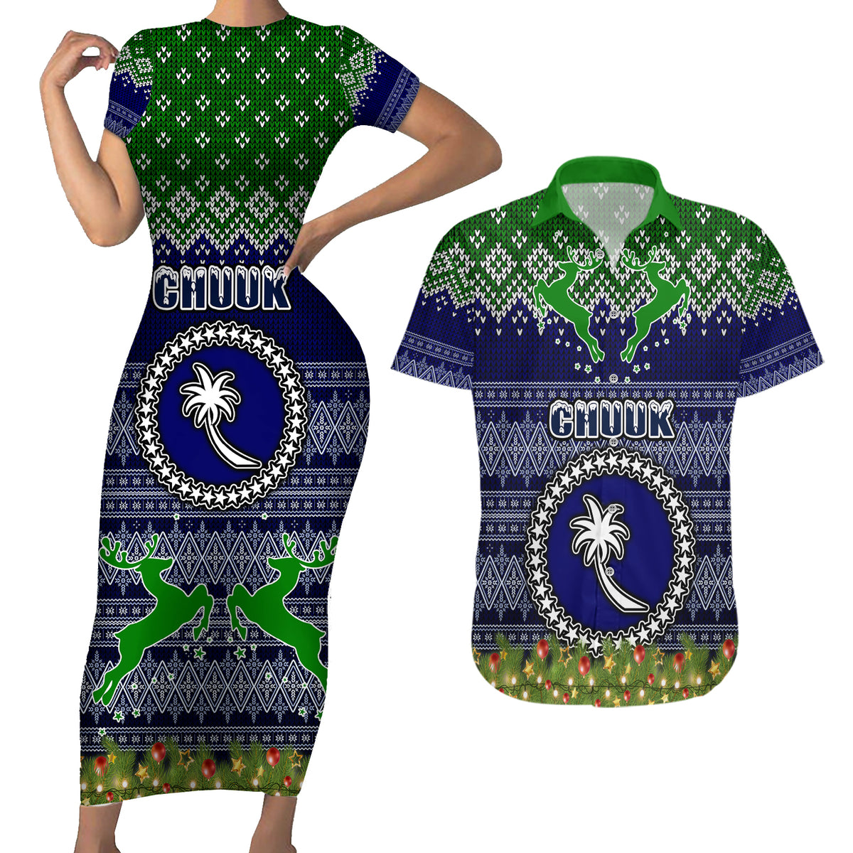 Personalised Chuuk State Christmas Couples Matching Short Sleeve Bodycon Dress and Hawaiian Shirt Coat of Arms Beautiful Merry Xmas Snowflake LT03 Blue - Polynesian Pride