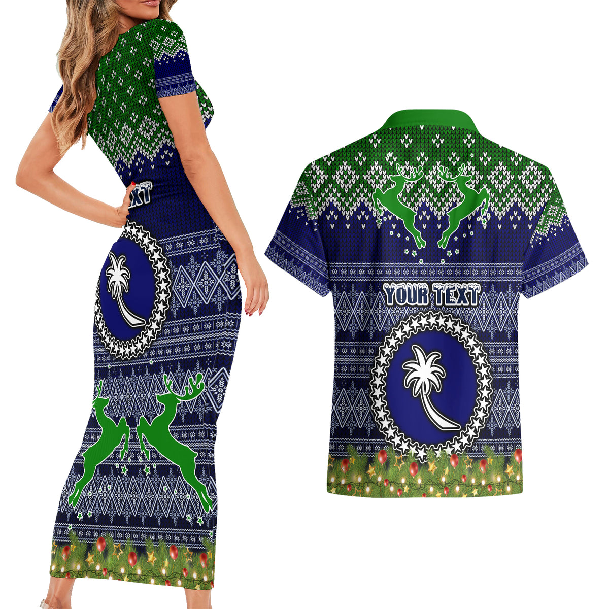 Personalised Chuuk State Christmas Couples Matching Short Sleeve Bodycon Dress and Hawaiian Shirt Coat of Arms Beautiful Merry Xmas Snowflake LT03 - Polynesian Pride